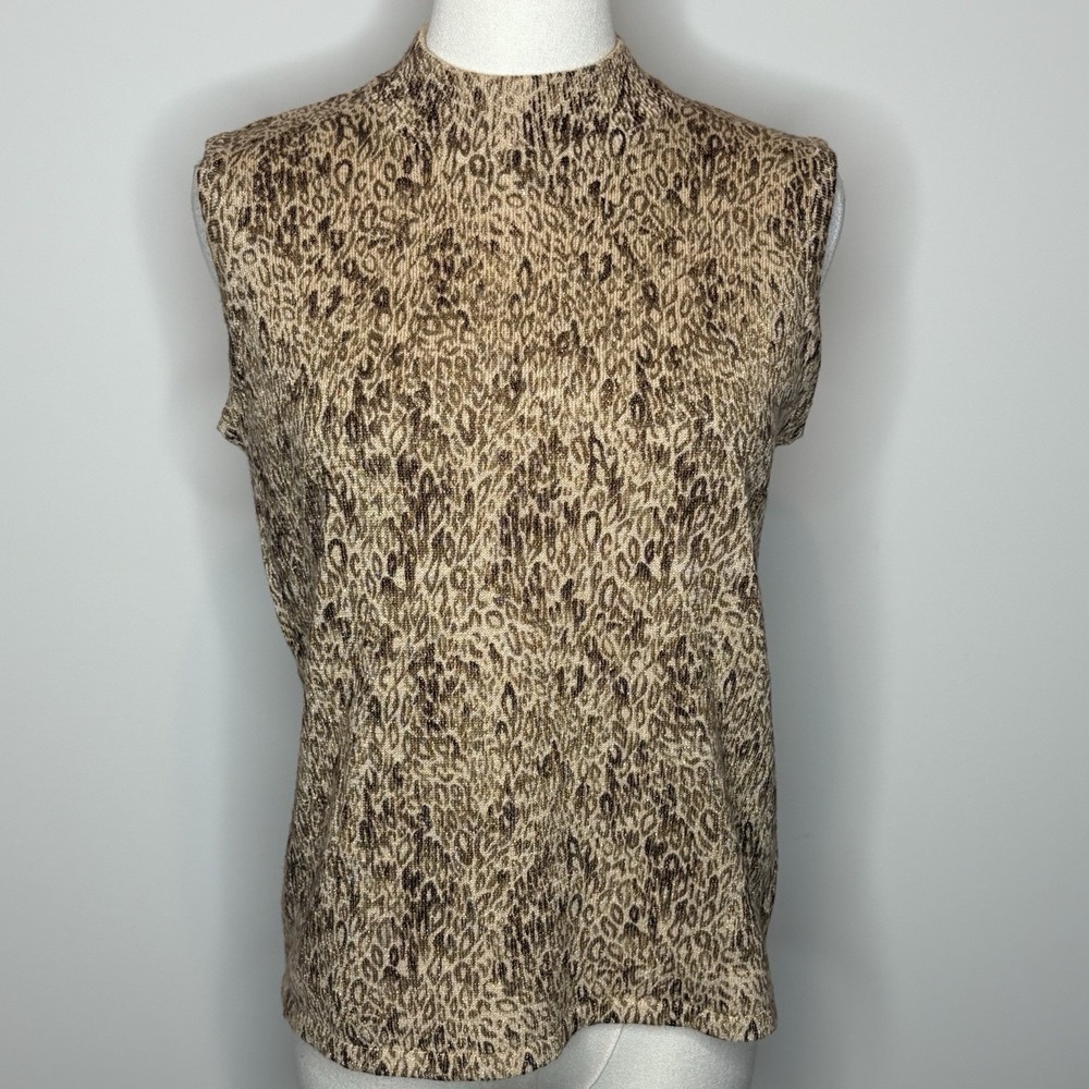 Kathie Lee Collection Metallic Leopard Mock Neck Sleeveless Sweater Tan Gold S